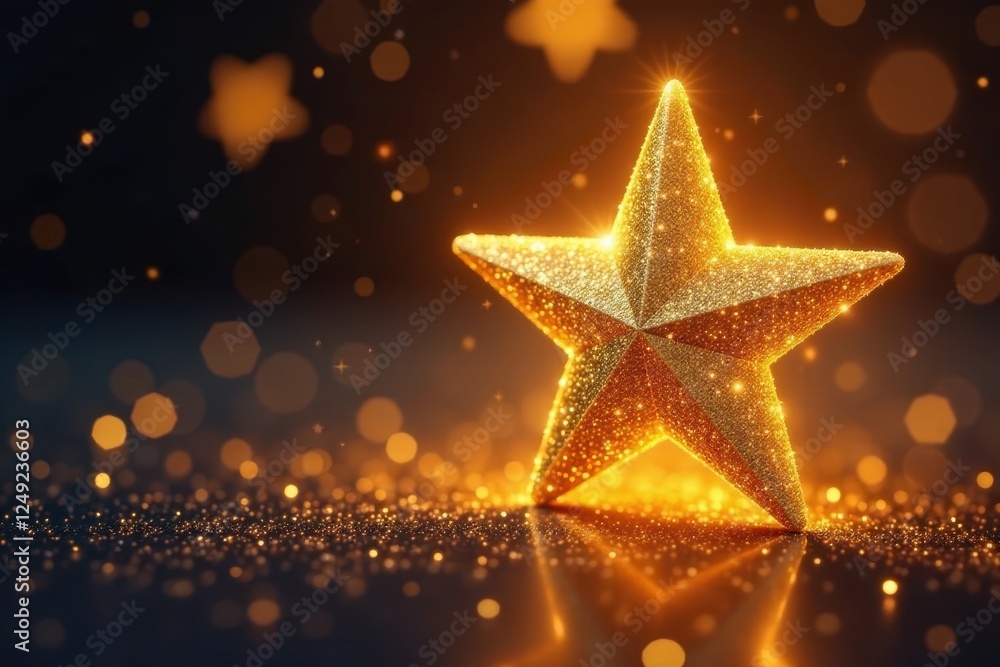 Glowing gold star, sparkling dust, festive backdrop, victory, illustration, holiday Glowing gold star, sparkling dust, festive backdrop, victory, illustration, holiday