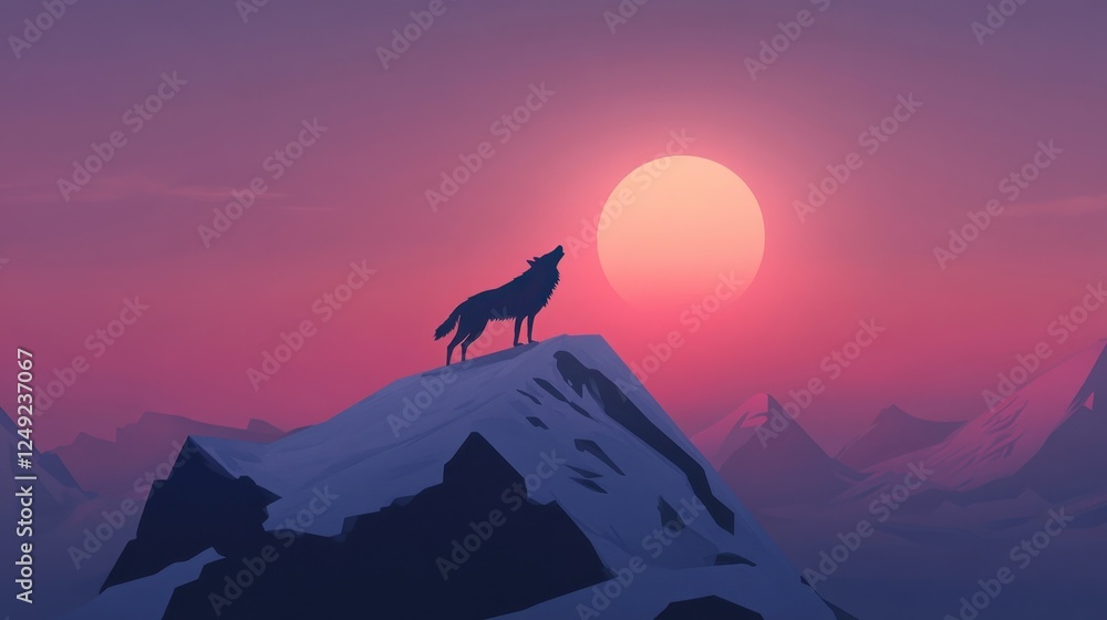 A lone wolf standing on a frozen peak, howling at the moon under an eerie twilight sky A lone wolf standing on a frozen peak, howling at the moon under an eerie twilight sky