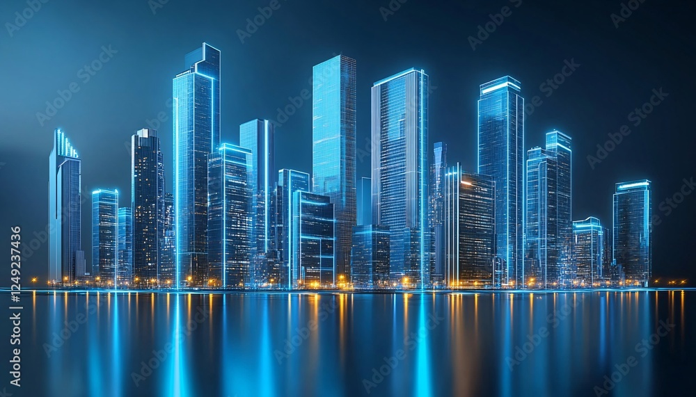 Fototapeta premium Modern city skyline illuminated at dusk, showcasing the vibrant energy of ambition and innovation in a bustling urban environment, reflecting advancements in business technology.