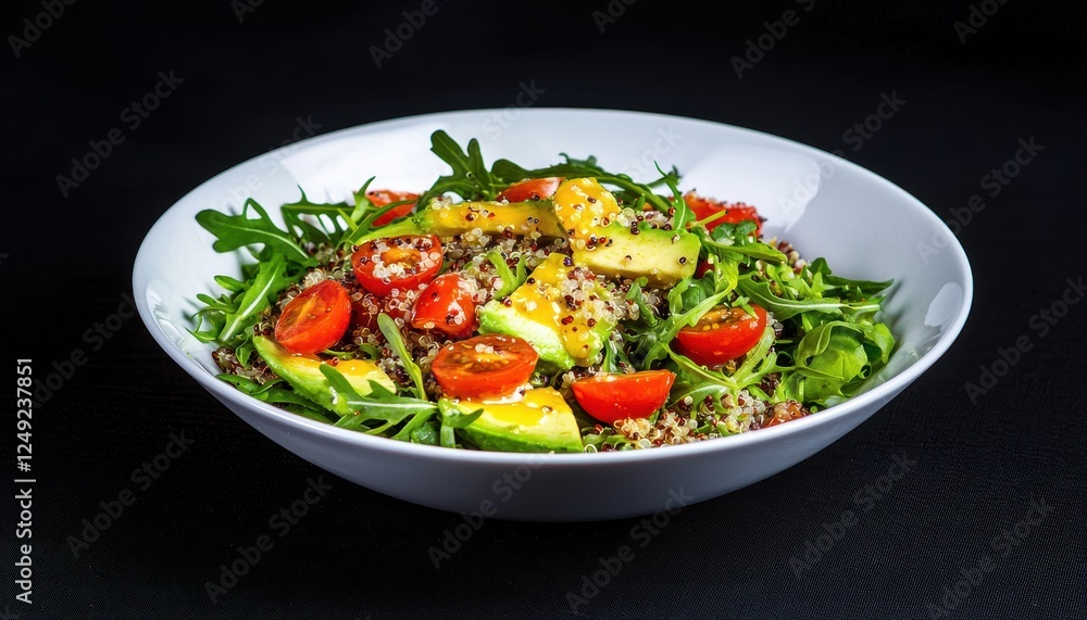 A fresh salad bowl with avocado, quinoa, cherry tomatoes, and arugula, served with a vinaigrette dressing A fresh salad bowl with avocado, quinoa, cherry tomatoes, and arugula, served with a vinaigrette dressing