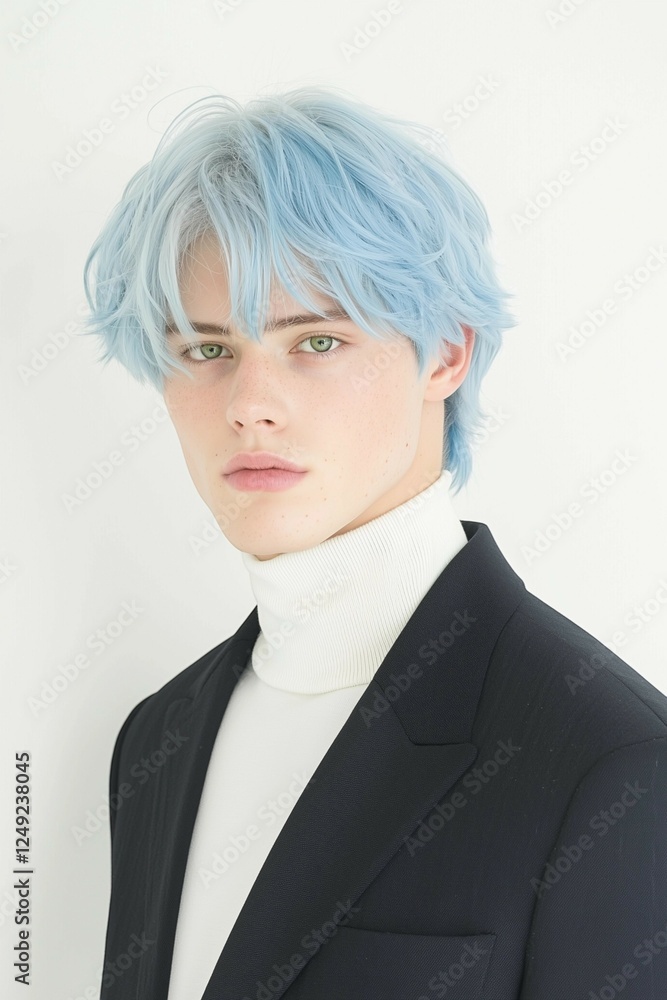 Young Man with Vibrant Blue Hair in Stylish Outfit Young Man with Vibrant Blue Hair in Stylish Outfit