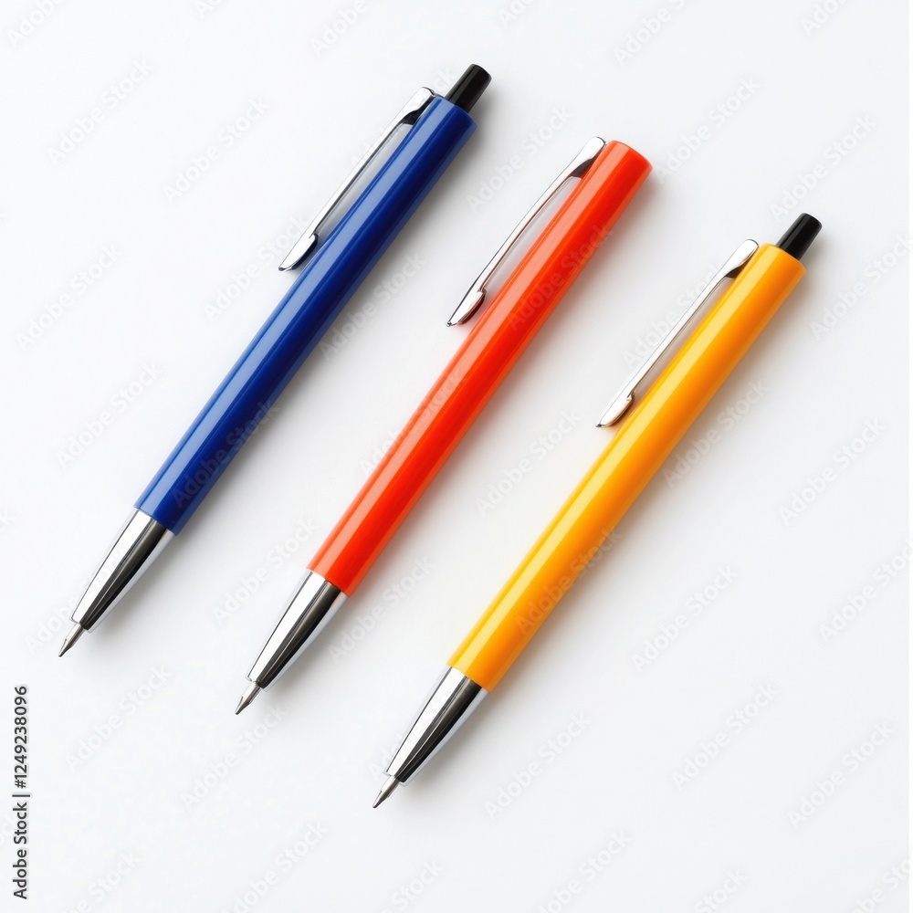 Three Colorful Ballpoint Pens Arranged Neatly on a White Background for Creative Projects and Stationery Needs Three Colorful Ballpoint Pens Arranged Neatly on a White Background for Creative Projects and Stationery Needs