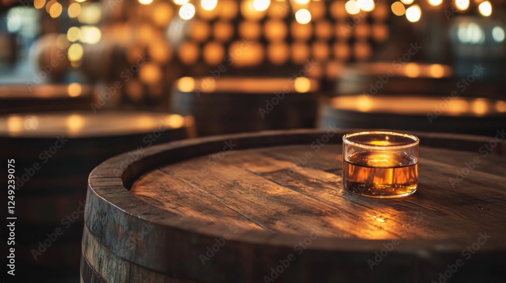 Wooden barrel filled with glowing amber liquid in a dimly lit distillery, surrounded by stacked barrels. Whiskey production, aging process, and artisanal craftsmanship concept. Wooden barrel filled with glowing amber liquid in a dimly lit distillery, surrounded by stacked barrels. Whiskey production, aging process, and artisanal craftsmanship concept.