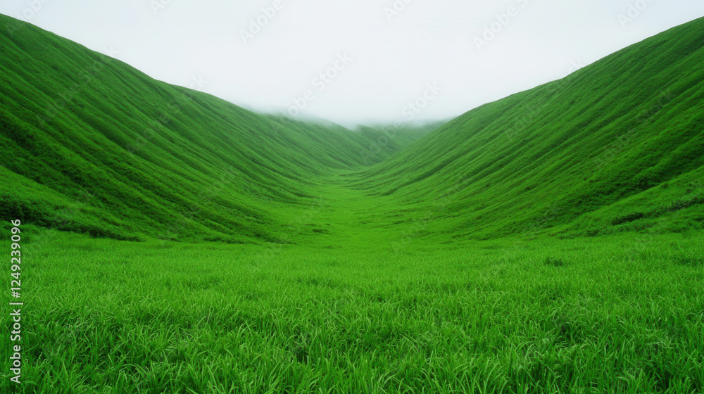 Fototapeta premium Lush green valley with soft rolling hills under cloudy sky