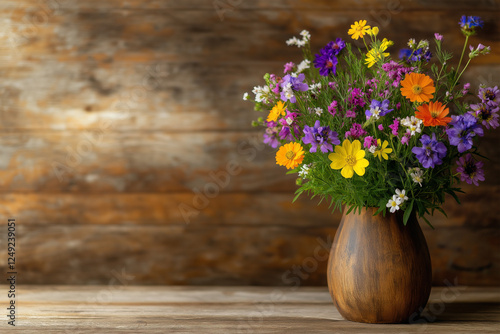 Wallpaper Mural Colorful wildflower bouquet in a wooden vase against a rustic background Torontodigital.ca