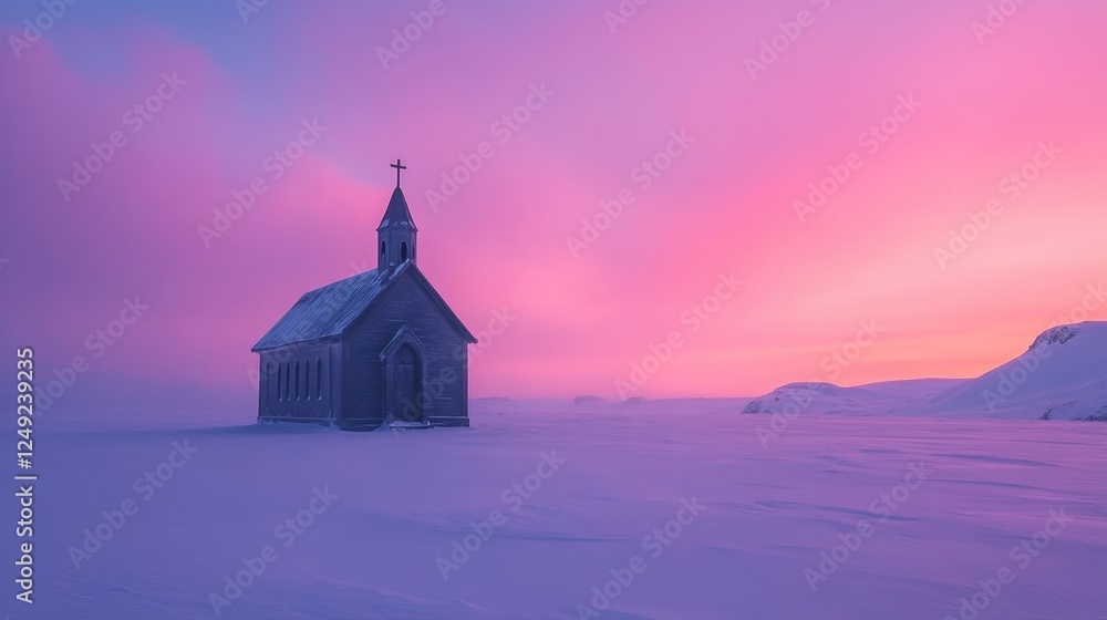 A mysterious, isolated chapel standing alone on a frozen plateau under a pink twilight sky A mysterious, isolated chapel standing alone on a frozen plateau under a pink twilight sky