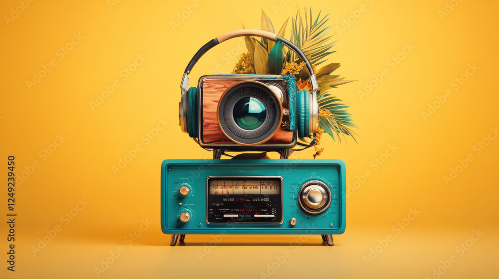 Fototapeta premium Retro Camera and Radio with Headphones on Bright Yellow Background