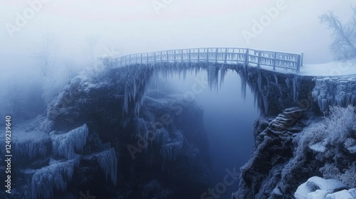 A mystical bridge of ice stretching over a bottomless chasm, disappearing into the thick winter fog photo