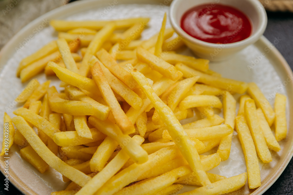 Crispy golden french fries with ketchup, served on a plate in a stylish restaurant setting Crispy golden french fries with ketchup, served on a plate in a stylish restaurant setting
