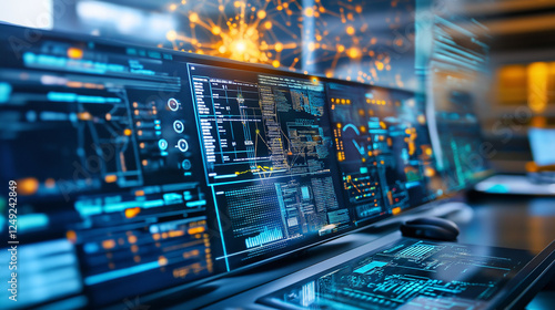 OT security  industrial defense. Cybersecurity detection. Infrastructure firewall. Monitoring resilience. Futuristic industrial control room showcasing advanced cybersecurity technology.