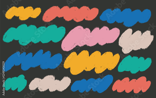 Set of abstract organic colored shapes or crayon drawn clouds. Template rough cute pastel texture. Chalk hand drawn sketch. Organic geometric rough shapes. Vector bold cute childish drawings.