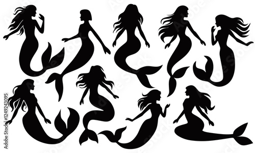 Set of Mermaid silhouette vector illustration. Cute set Little mermaid. underwater world. Fairytale mermaid princess. Under water in the sea mythical marine collection