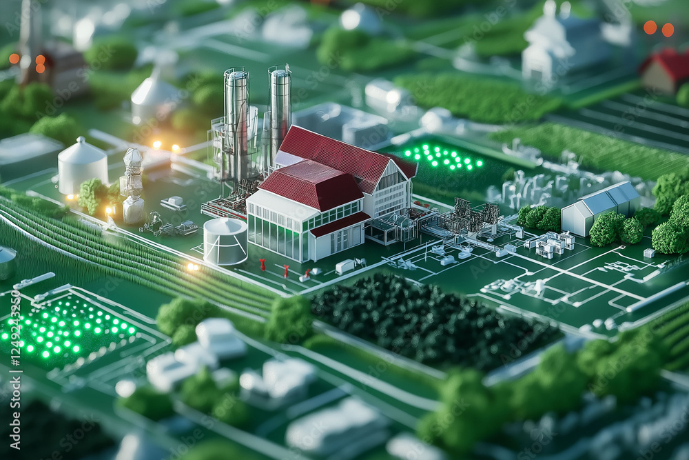 Obraz premium OT security industrial defense. Cybersecurity detection. Infrastructure firewall. Monitoring resilience. A realistic illustration of a smart farm showcasing advanced agricultural technology.