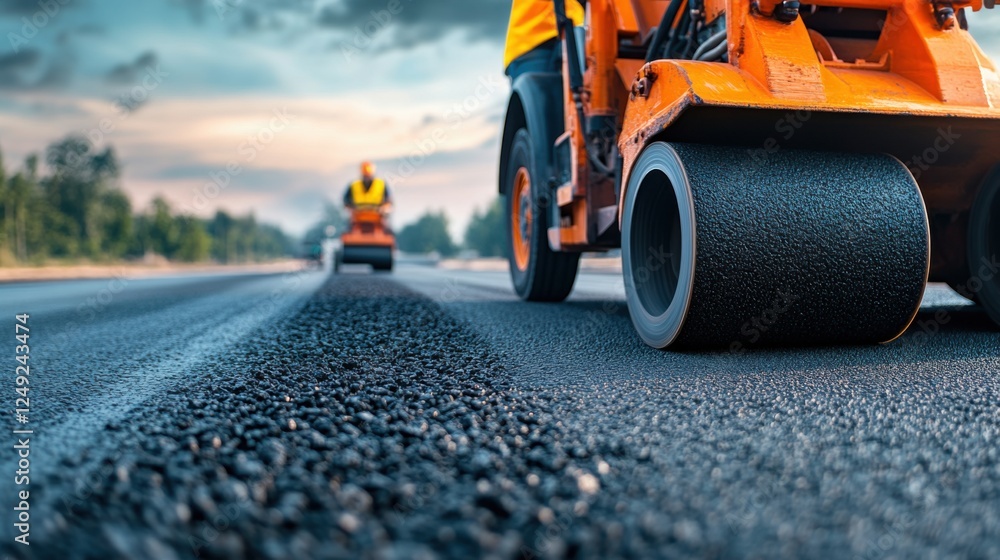 Construction Workers Operating Heavy Machinery While Paving Asphalt Road During Sunset with Dramatic Sky