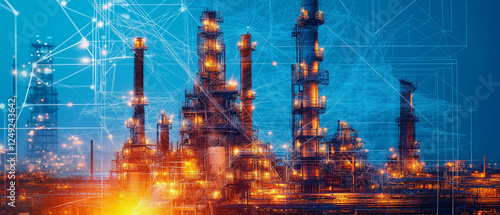 OT security  industrial defense. Cybersecurity detection. Infrastructure firewall. Monitoring resilience. A detailed image of an oil refinery featuring operational security measures.