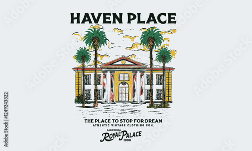 Royal palace hand sketch artwork for t shirt, posters, stickers, background and others. Haven house with date palm tree artwork. Palm tree design.