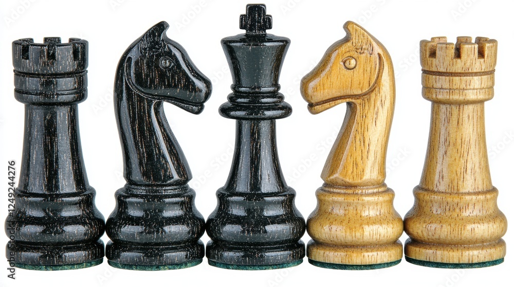 Wooden Chess Pieces in Black and Gold Arrangement on White Background