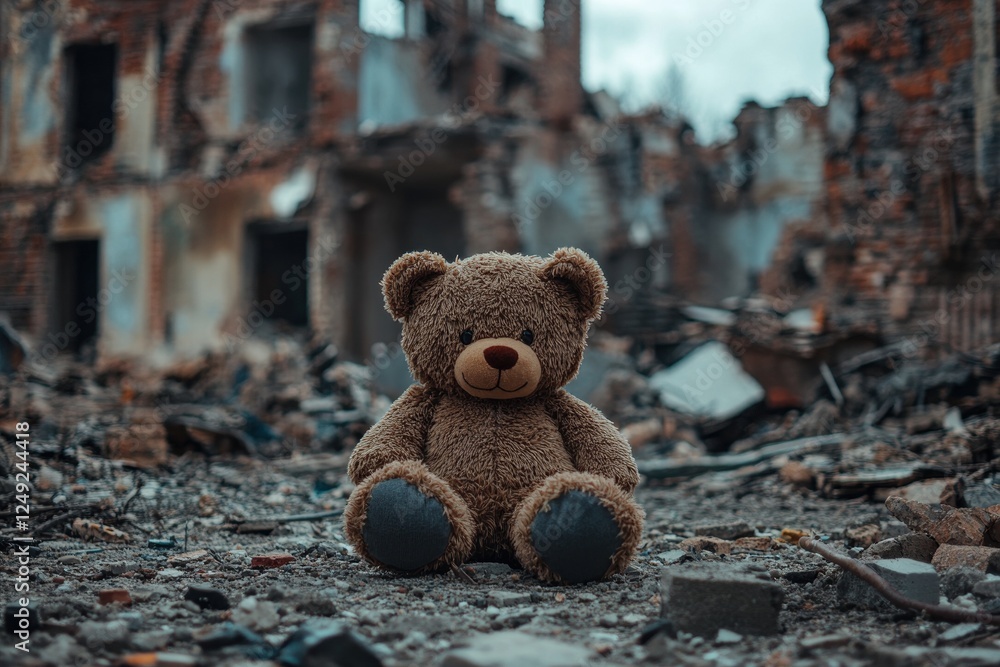 Brown teddy bear sitting in war ruins Brown teddy bear sitting in war ruins