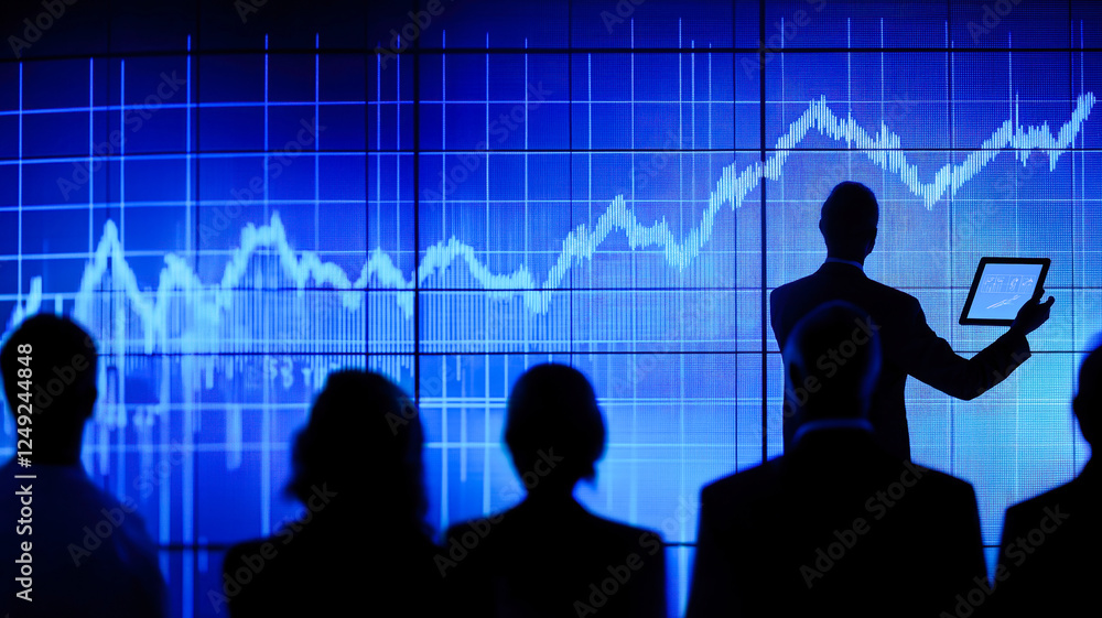 Financial presentation with diverse group analyzing rising stock market data Financial presentation with diverse group analyzing rising stock market data