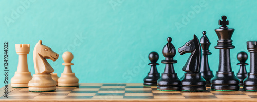 Chess pieces on wooden board with turquoise background, symbolizing strategy and competition