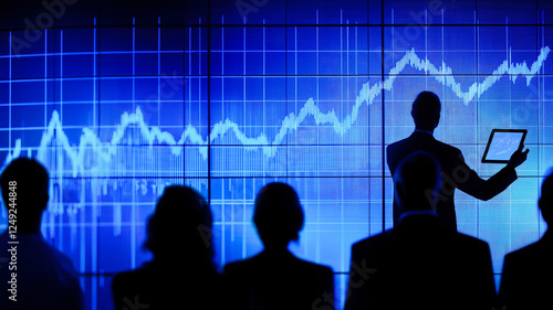 Financial presentation with diverse group analyzing rising stock market data