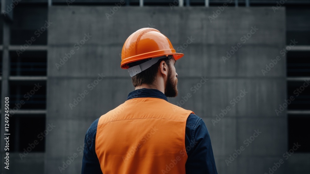 Construction Worker in Orange Safety Vest and Helmet Observing Ongoing Project at Building Site Construction Worker in Orange Safety Vest and Helmet Observing Ongoing Project at Building Site