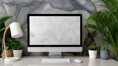 Workplace with powerful pc monitor mockup and supplies, ai generated