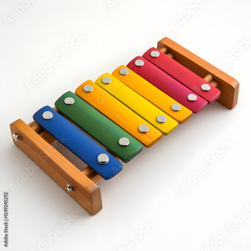  A xylophone with ten colorful keys, each key being a different color. The keys are arranged on a wooden frame. photo