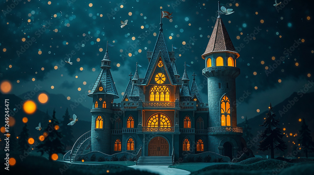 Fairytale castle shining under night sky with flying butterflies Fairytale castle shining under night sky with flying butterflies