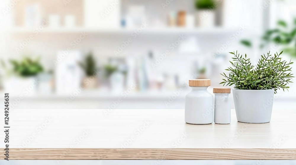 Minimalist Home Decor with Green Plant and White Vases on Table Minimalist Home Decor with Green Plant and White Vases on Table