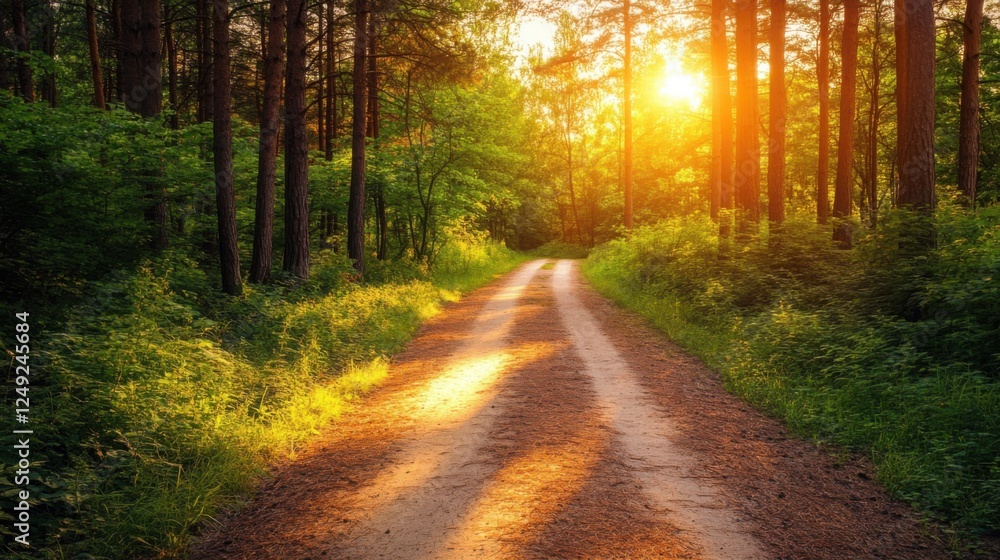 Obraz premium Tranquil Forest Glow with Soft Sunlight and Warm Tones, Perfect for Text Placement