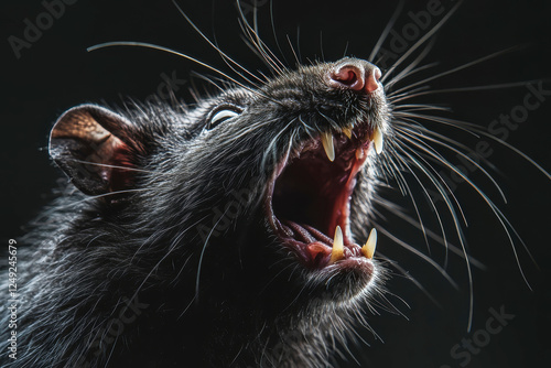 Angry rat displays sharp teeth in striking close-up with dark background and captivating lighting contrasts photo