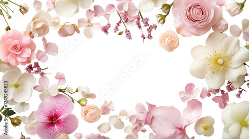 Delicate pink and white flower border image isolated transparent, ai generated. Blossoms, petals and roses cut out photo png. Romantic, wedding-themed design cutout element object photography