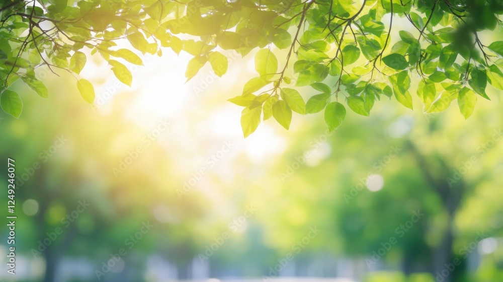 Obraz premium Tranquil Forest Glow with Soft Sunlight and Warm Tones, Perfect for Text Placement