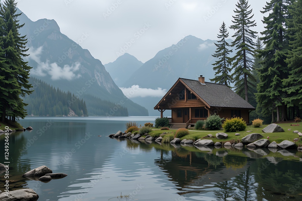 Fototapeta premium Secluded Mountain Cabin by Tranquil Lake