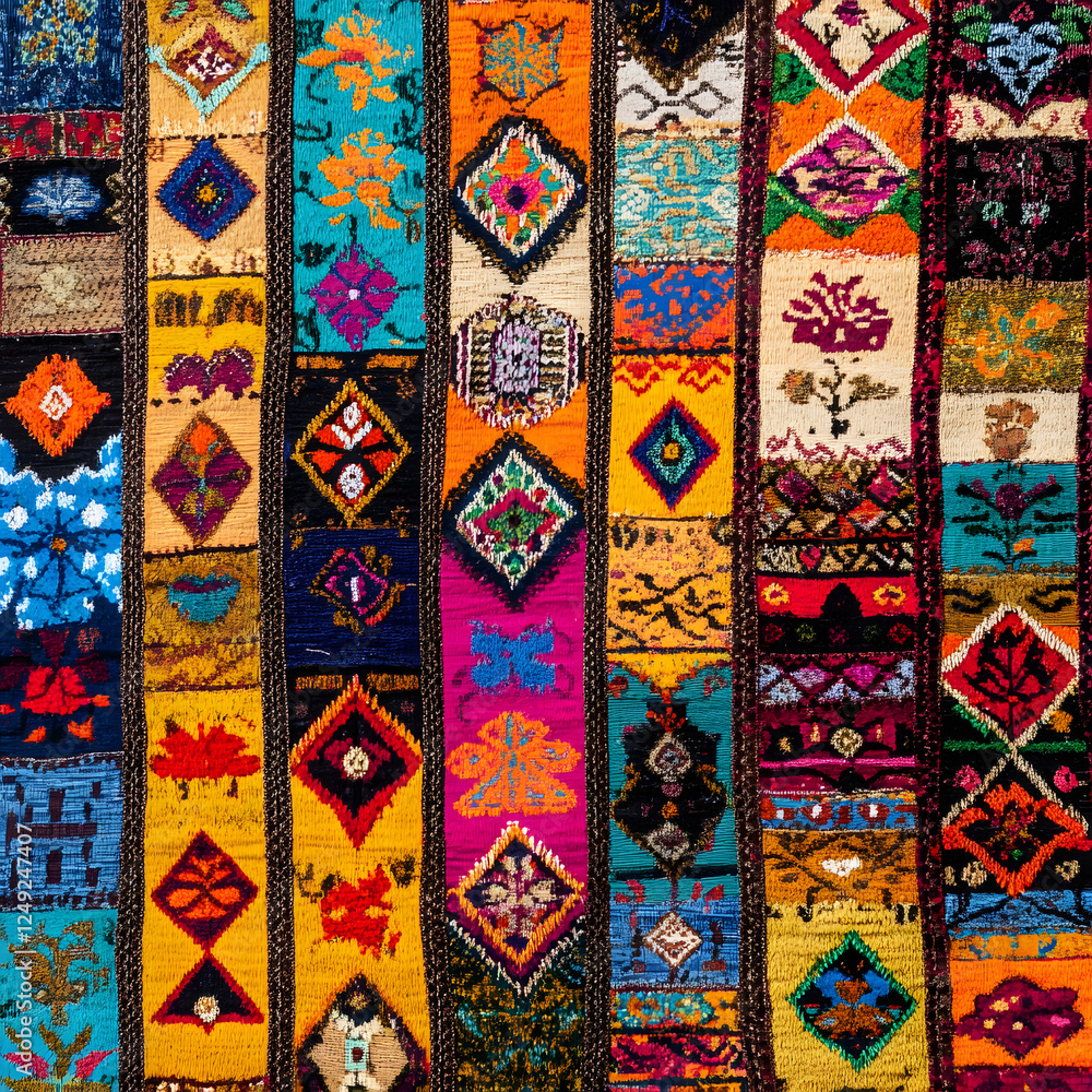 A colorful textile with various geometric patterns and designs, featuring vibrant colors such as red, blue, yellow, and green. A colorful textile with various geometric patterns and designs, featuring vibrant colors such as red, blue, yellow, and green.