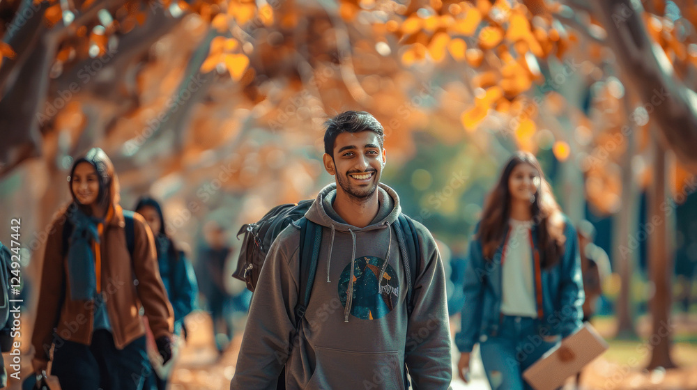 Obraz premium group of indian students walking with the bag packs and books in hand in front of the University, happy students