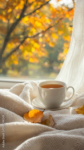 Autumn window tea, warm blanket, fall leaves, cozy view photo