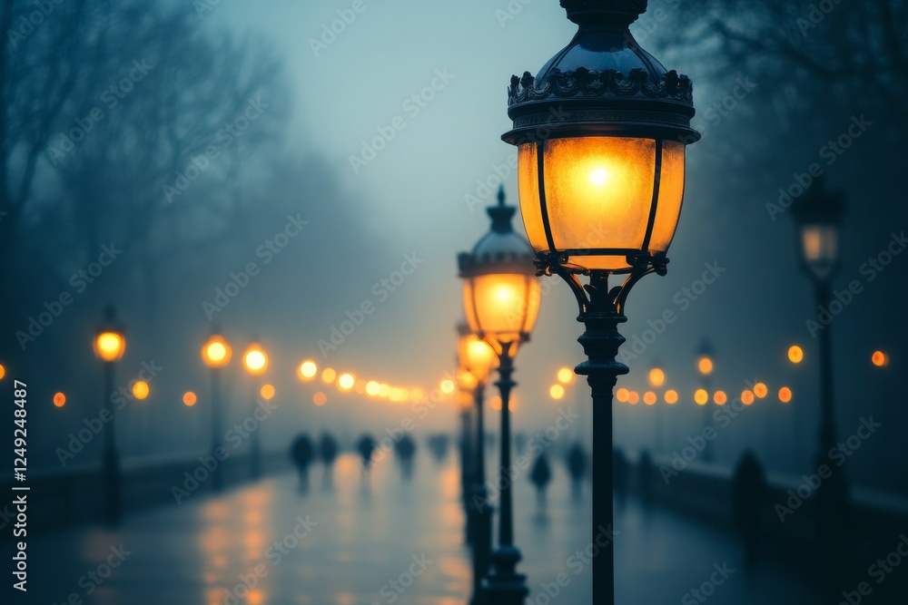 Lanterns illuminate a serene pathway on a foggy evening in the city Lanterns illuminate a serene pathway on a foggy evening in the city
