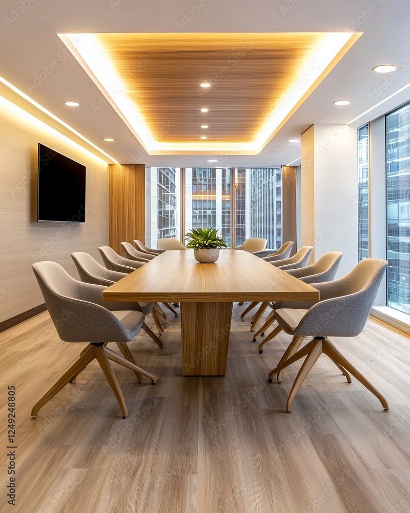 Fototapeta premium Modern conference room with elegant decor, featuring a long wooden table and stylish gray chairs.
