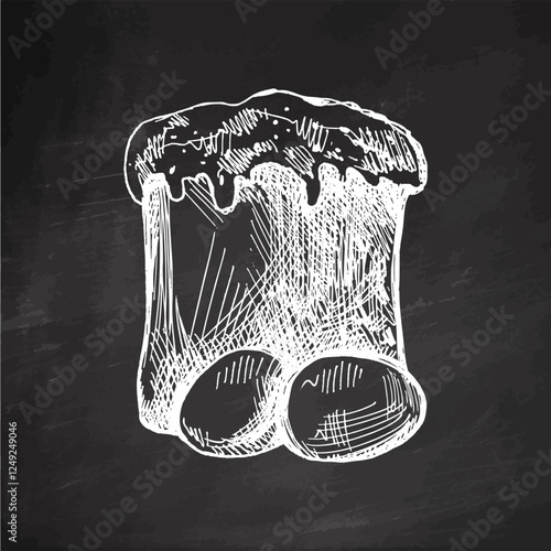 Hand drawn vintage sketch of Easter cake with eggs on chalk background