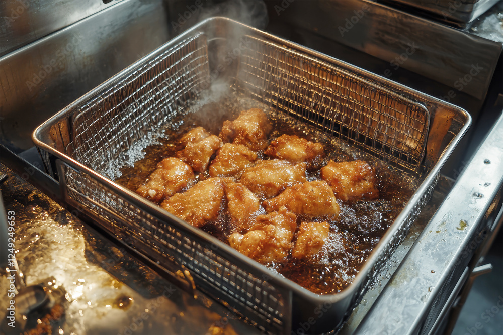 Fried chicken and fish fillets sizzling in a deep fryer in a bustling stainless steel kitchen