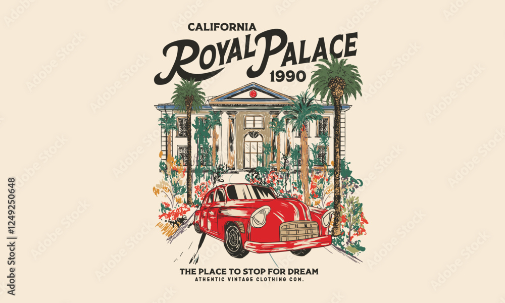 Fototapeta premium Tropical house. Royal palace hand sketch artwork for t shirt, posters, stickers, background and others. Haven house with date palm tree artwork. Vintage car design.