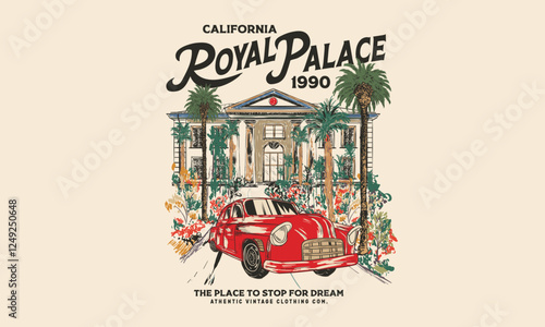 Tropical house. Royal palace hand sketch artwork for t shirt, posters, stickers, background and others. Haven house with date palm tree artwork. Vintage car design.