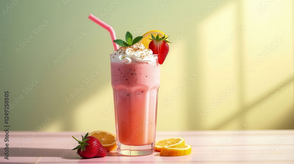 A pink drink with a straw and a strawberry on top. The drink is in a glass and is on a table A pink drink with a straw and a strawberry on top. The drink is in a glass and is on a table