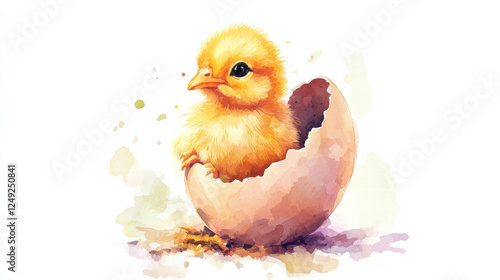 cute watercolor baby chick hatching from egg, showcasing its fluffy yellow feathers and bright eyes. This charming illustration captures joy of new beginnings