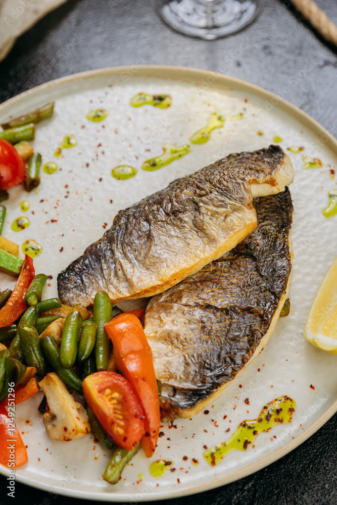 Grilled sea bream fillet with vegetables and lemon, plated with elegant garnish, fine dining style Grilled sea bream fillet with vegetables and lemon, plated with elegant garnish, fine dining style