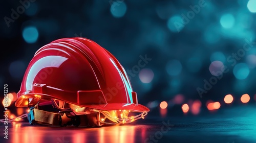 A glowing red hard hat adorned with fairy lights, emphasizing creativity and safety combined in a playful yet professional manner in construction settings. photo