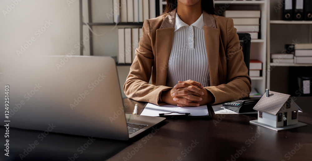 Real estate, banker present house model tenant sign contract rental purchase buyer home with landlord, realtor after agreement mortgage success done. Property lease agent concept.