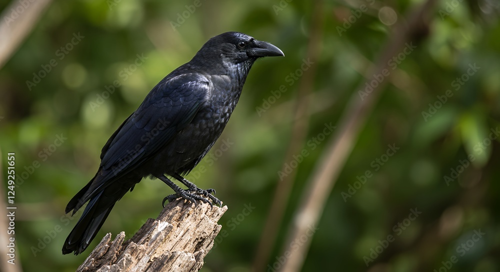 Fototapeta premium A black crow perches alertly on a weathered wooden stump